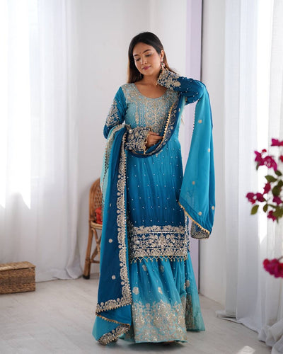 BLUE WEDDING WEAR CHINON SILK PLAZZO DRESS