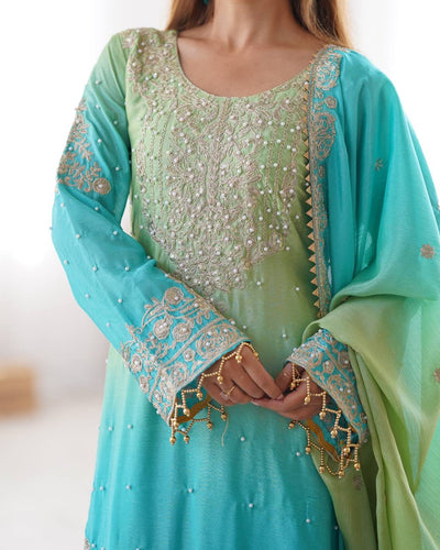 GREEN WITH SKY COLOR WEDDING WEAR CHINON SILK PLAZZO DRESS