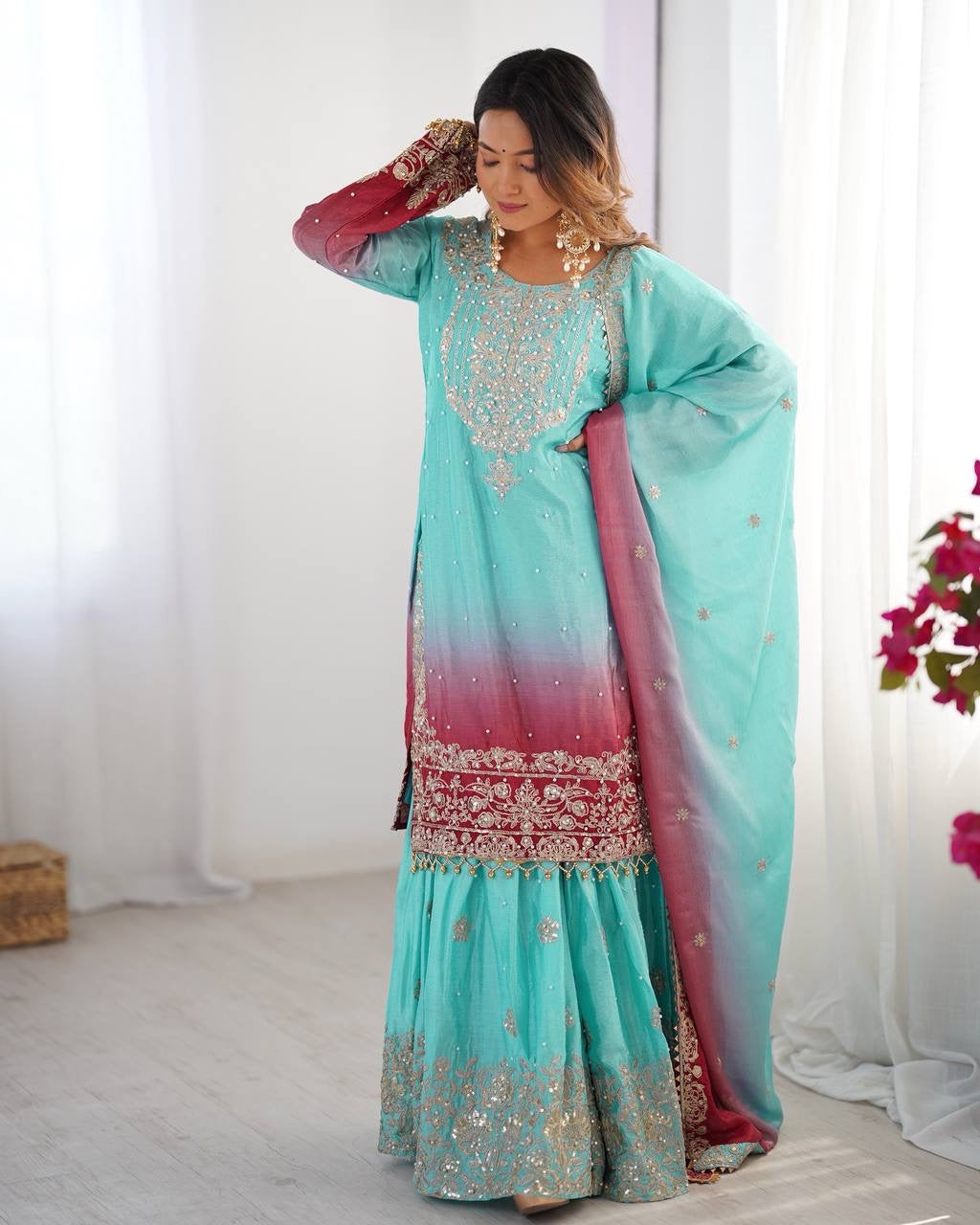 SKY COLOR WEDDING WEAR CHINON SILK PLAZZO DRESS