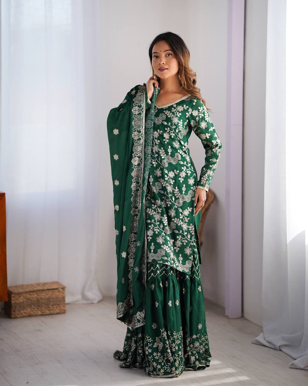 Green Color Designer Chinon Silk Sharara Set