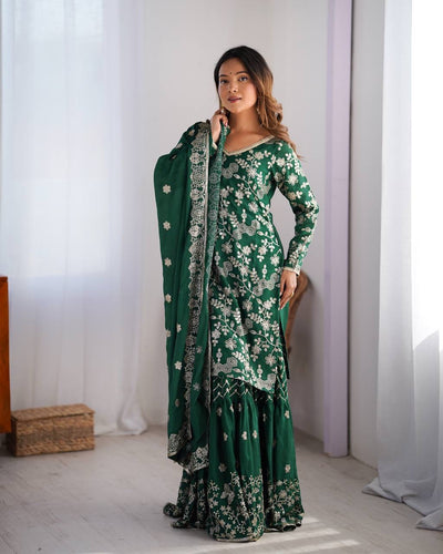 Green Color Designer Chinon Silk Sharara Set