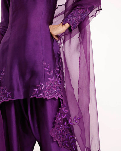 Elegant Beaded Natural Crepe Suit Set With Farshi Salwar & Net Dupatta