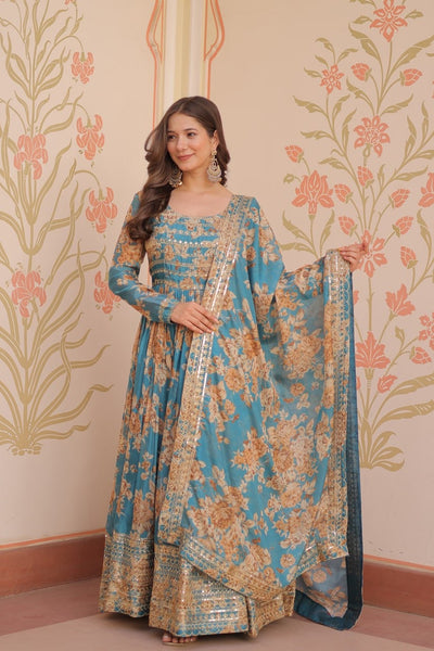 English Russian Silk Gown With Printed Dupatta