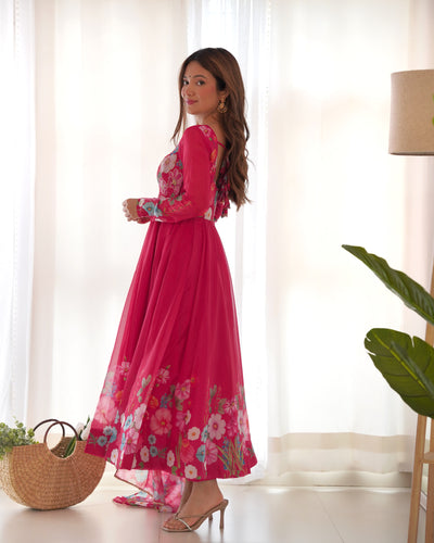 Floral Printed Organza Anarkali Suit Set With Matching Dupatta