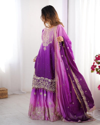 Purple Color Wedding Wear Chinon Silk Plazzo Dress