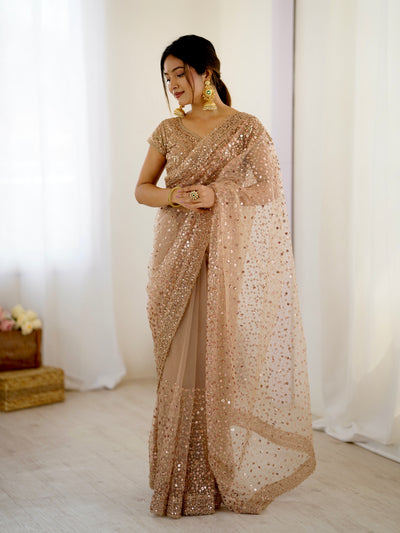 Almond Frost Color Net Saree With Fancy Dupatta