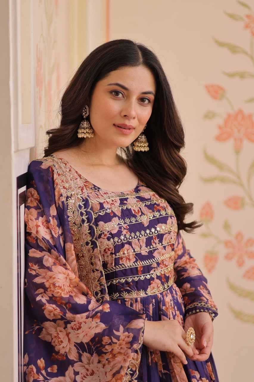 English Russian Silk Gown With Printed Dupatta