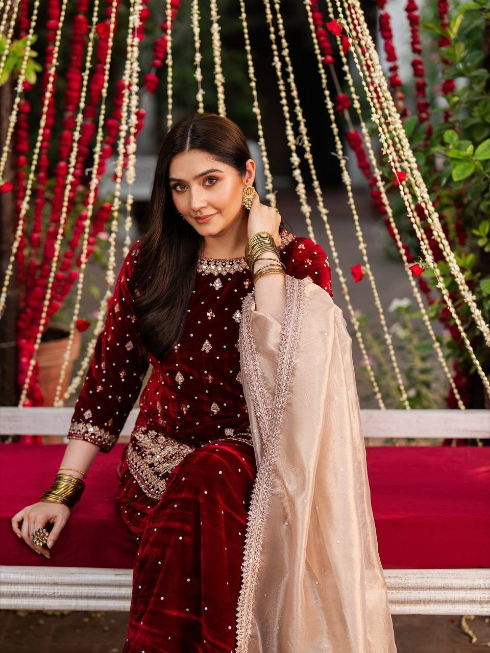 Maroon Velvet Salwar Kuit With Beige Dupatta