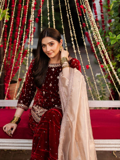 Maroon Velvet Salwar Kuit With Beige Dupatta
