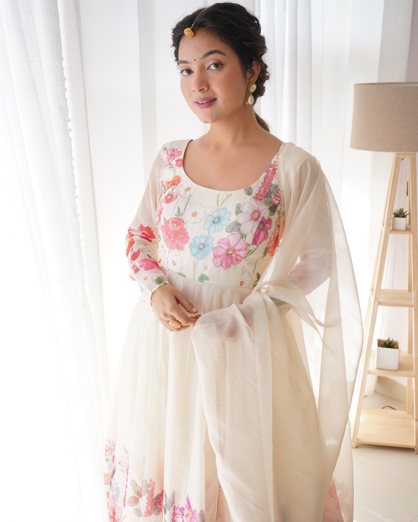 Floral Printed Organza Anarkali Suit Set With Matching Dupatta