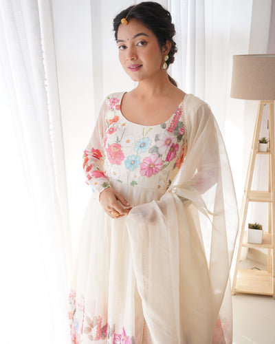 Floral Printed Organza Anarkali Suit Set With Matching Dupatta