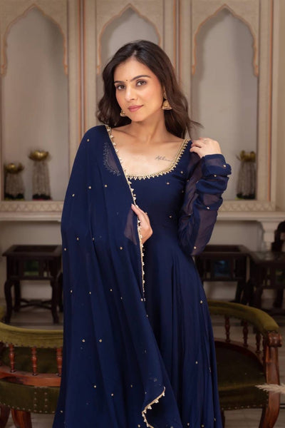 Navy Blue Moti Embroidered Anarkali Suit