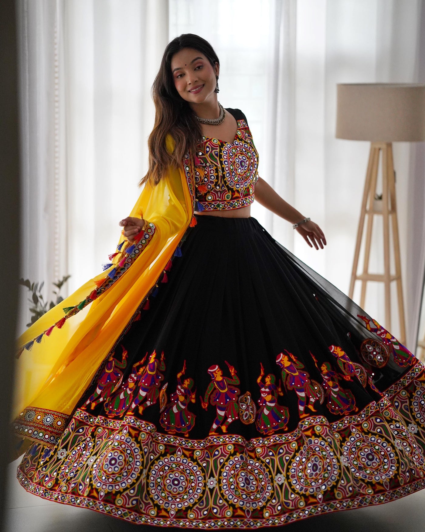 Faux Georgette Mirror Work Chaniya Choli Set With Fancy Dupatta