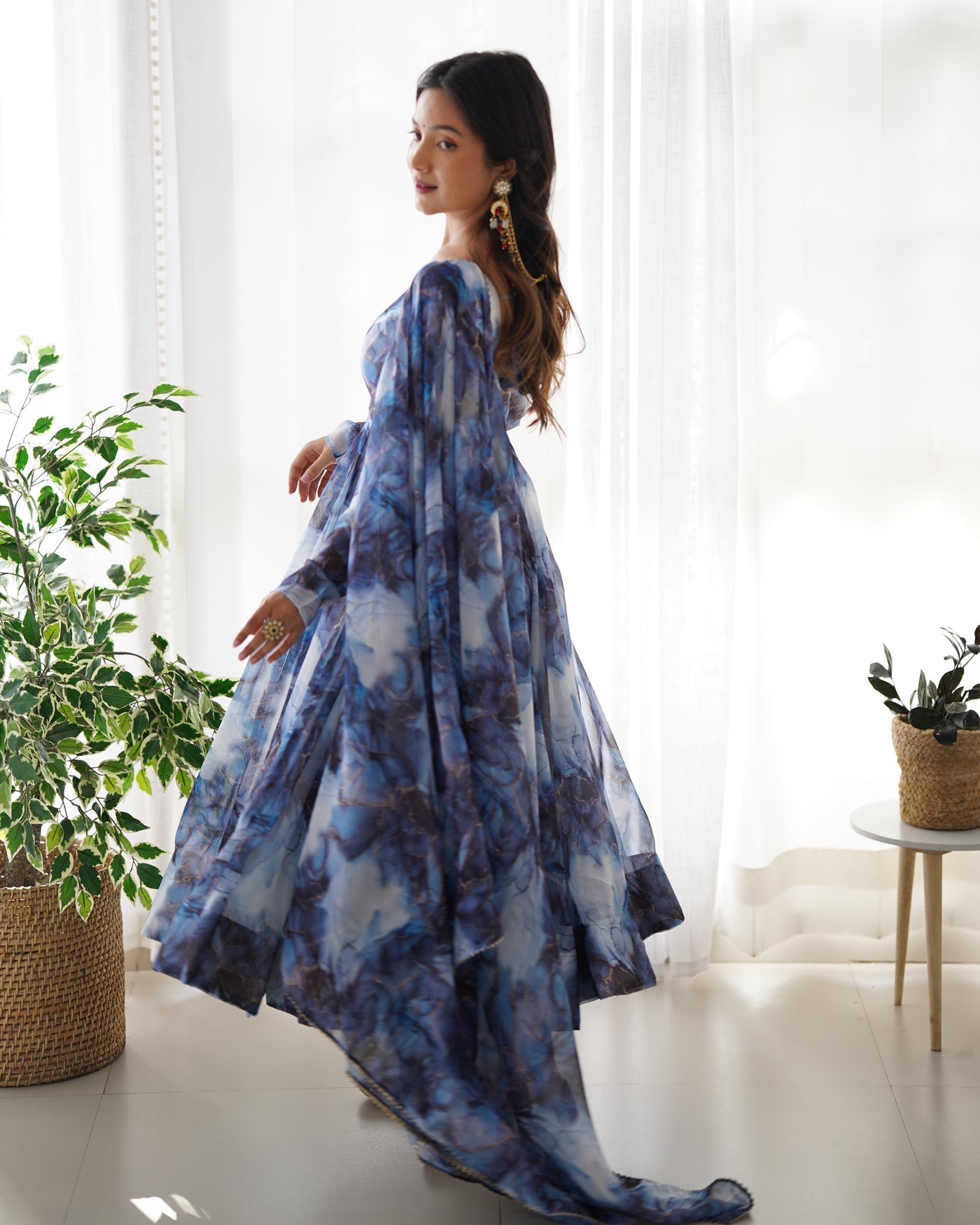 Pure Organza Silk Marble Print Anarkali Set With Dupatta And Pant