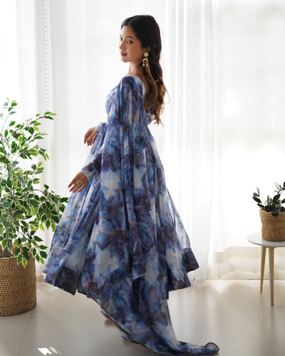 Pure Organza Silk Marble Print Anarkali Set With Dupatta And Pant