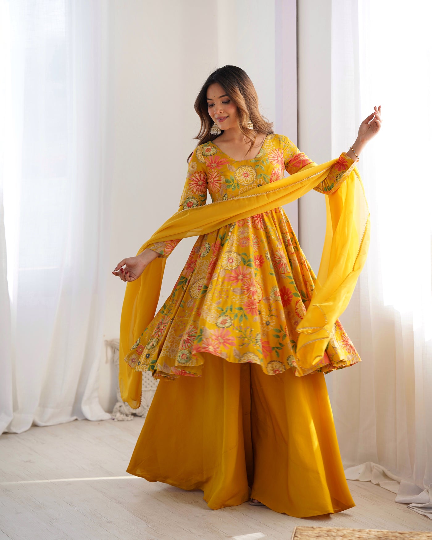 YELLOW KEDIYA ROMAN SILK PARTYWEAR DRESS