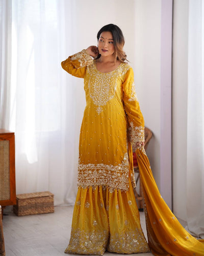 YELLOW WEDDING WEAR CHINON SILK PLAZZO DRESS