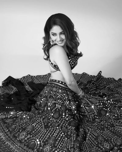 Black Faux Georgette Lehenga With Heavy Blouse And Dupatta