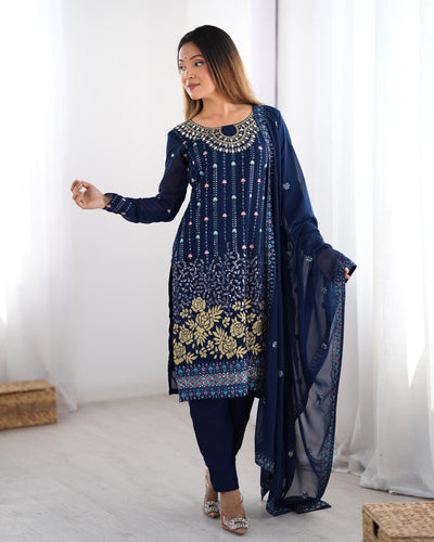 Royal Blue Color Faux Georgette Suit With Fancy Dupatta