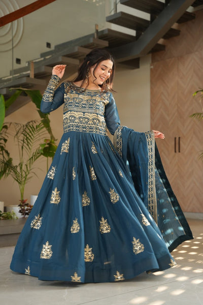 Green Teal Color Chinon Gown With Embroidery Dupatta