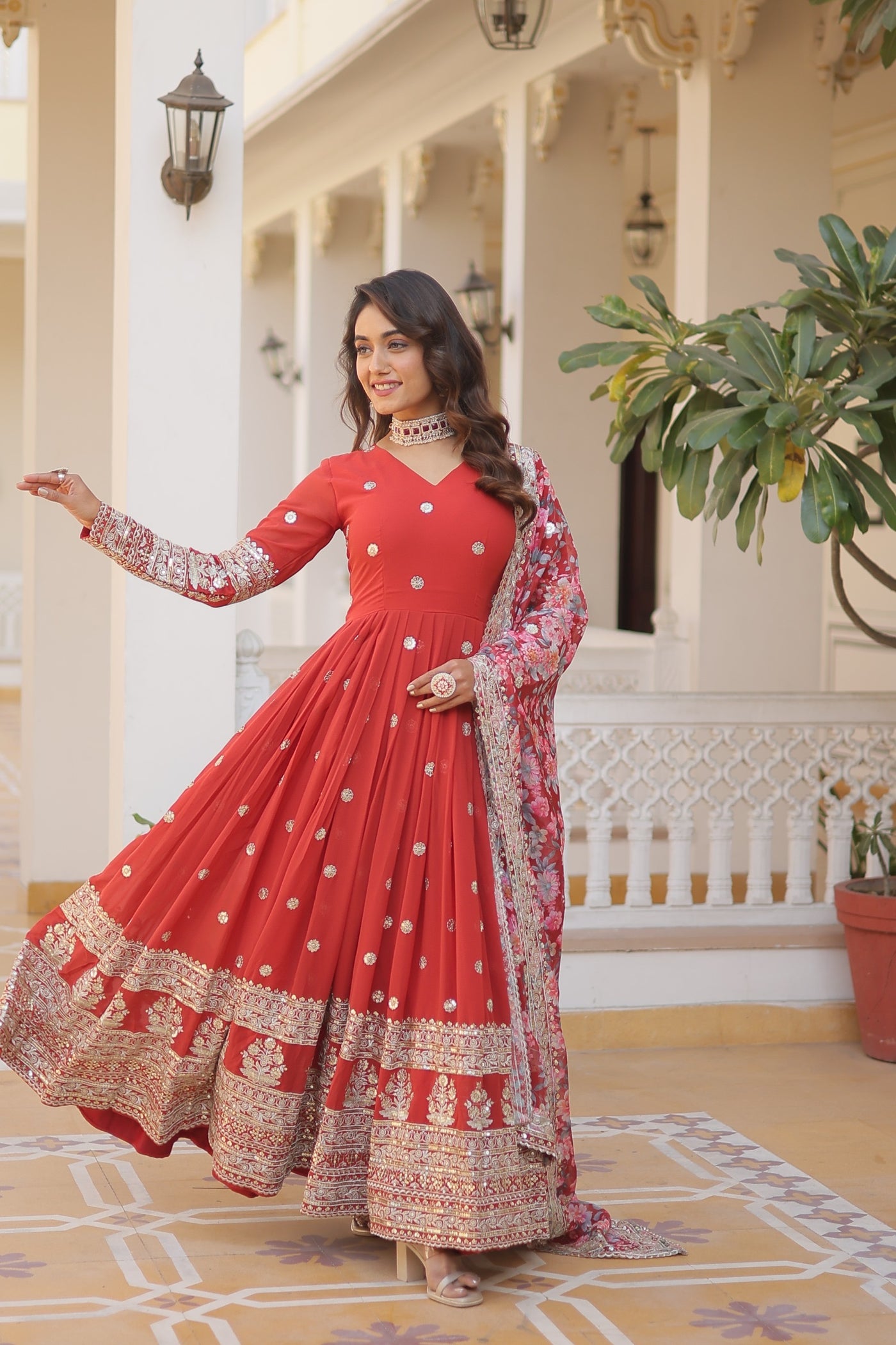 Rust Color Heavy Embroidery Gown With Printed Dupatta