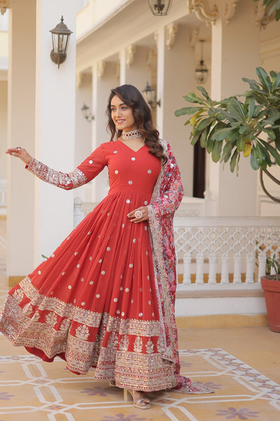Rust Color Heavy Embroidery Gown With Printed Dupatta