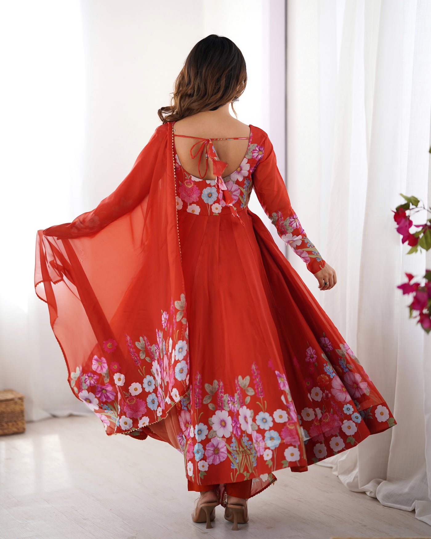 Floral Printed Organza Anarkali Suit Set With Matching Dupatta
