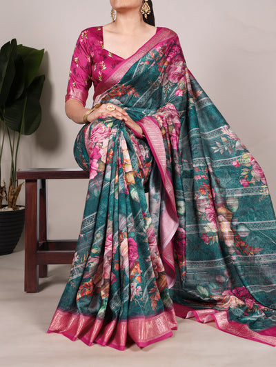 Elegant Tussar Silk Printed Saree With Viscose Border And Unstitched Blouse