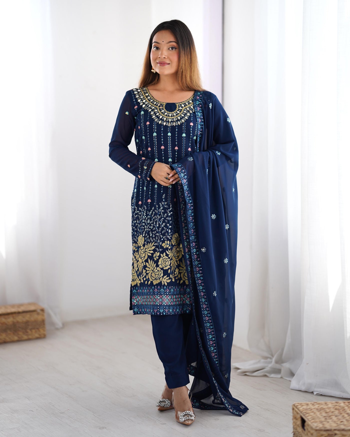 Royal Blue Color Faux Georgette Suit With Fancy Dupatta