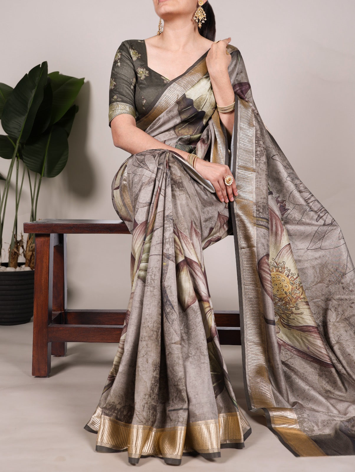 Elegant Tussar Silk Printed Saree With Viscose Border And Unstitched Blouse