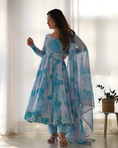 Pure Organza Silk Marble Print Anarkali Set With Dupatta And Pant