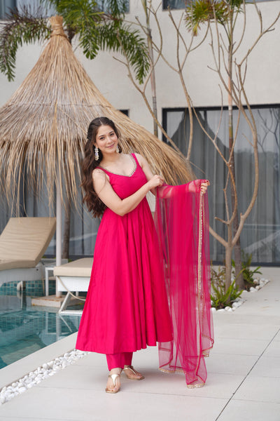 Pink Color Roman Silk Anarkali With Nylon Net Dupatta