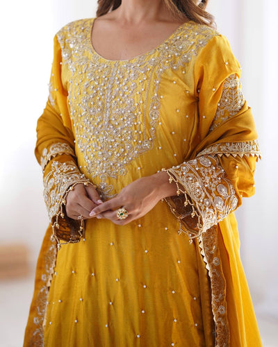 YELLOW WEDDING WEAR CHINON SILK PLAZZO DRESS