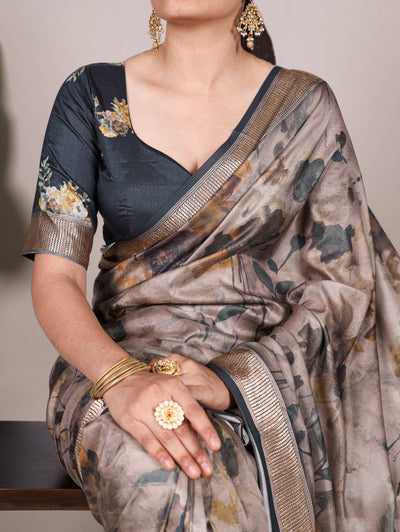 Elegant Tussar Silk Printed Saree With Viscose Border And Unstitched Blouse