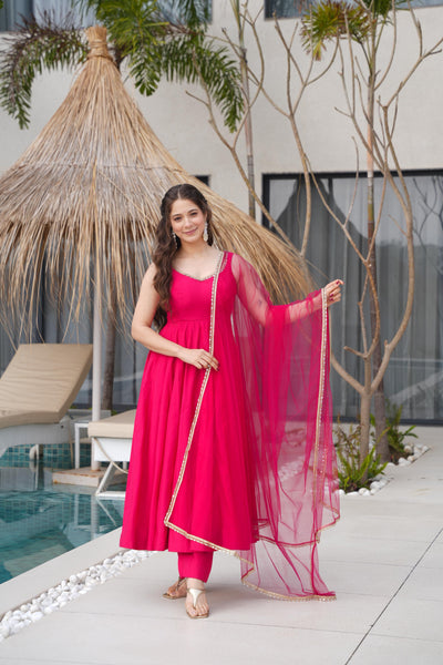 Pink Color Roman Silk Anarkali With Nylon Net Dupatta