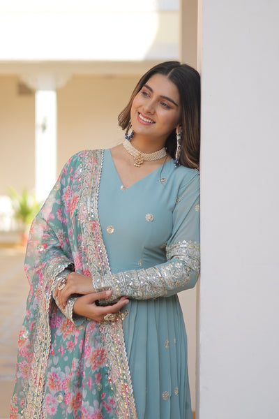 Botticelli Color Heavy Embroidery Gown With Printed Dupatta