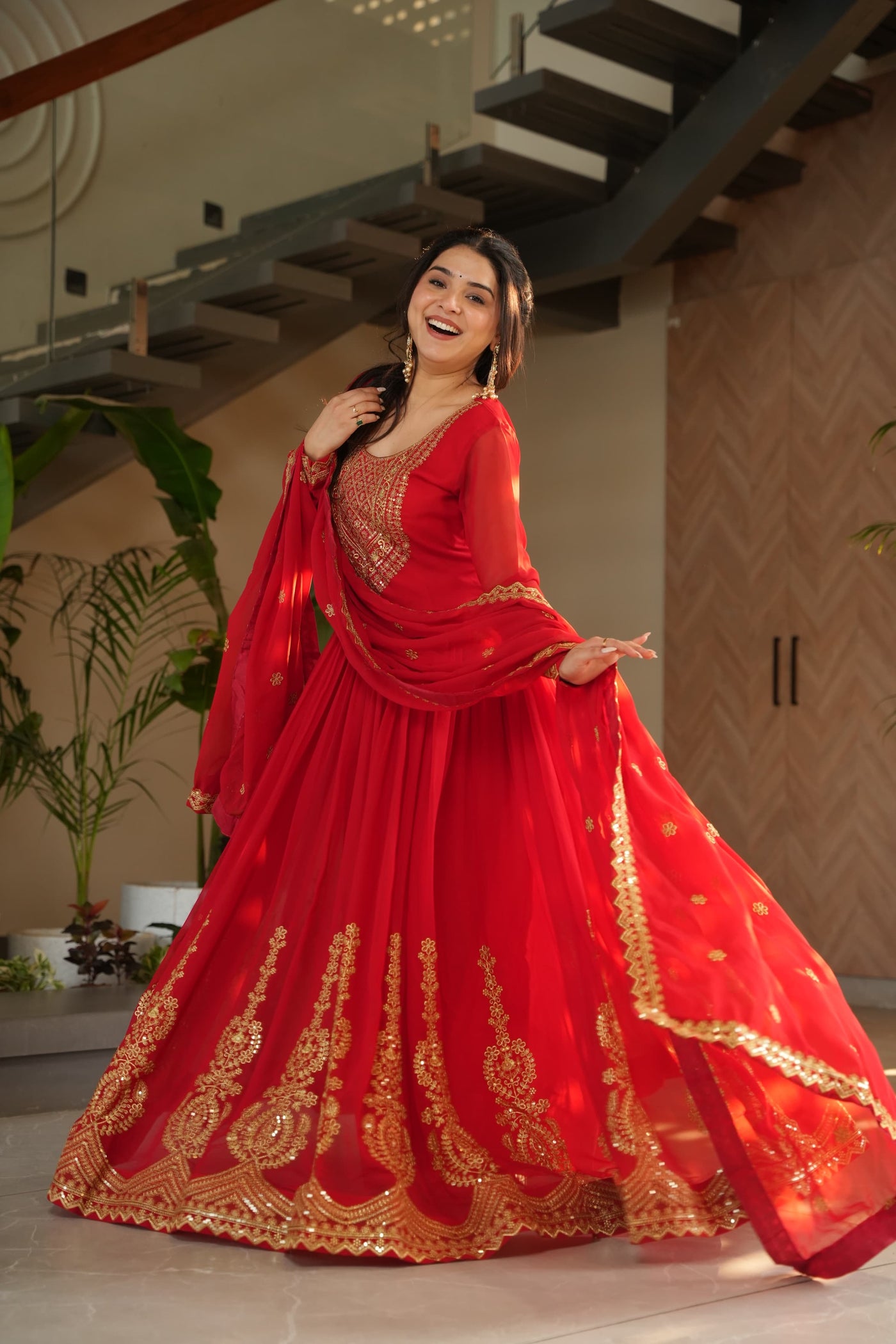 Ethnic Faux Blooming Gown With Embroidery Dupatta