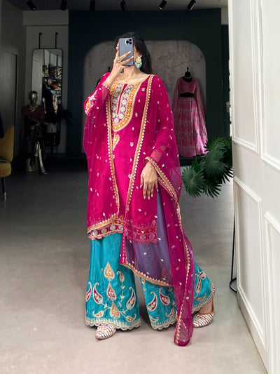 Pink Moonga Silk Dress Set With Embroidery Dupatta