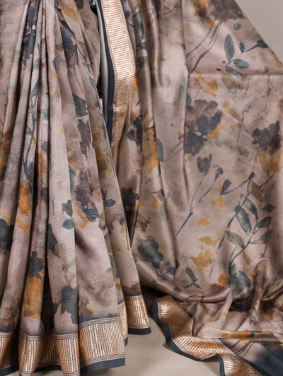 Elegant Tussar Silk Printed Saree With Viscose Border And Unstitched Blouse