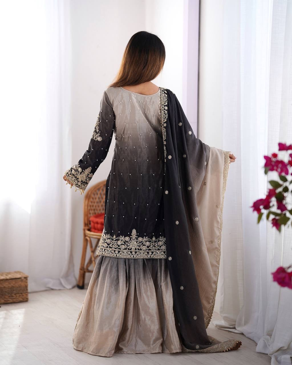 BLACK WEDDING WEAR CHINON SILK PLAZZO DRESS