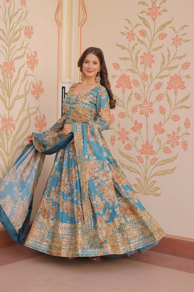 English Russian Silk Gown With Printed Dupatta