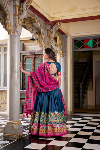 Blue Pearl Color Tissue Silk Lehenga With Printed Dupatta