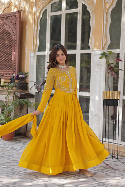 Yellow Ethnic Georgette Gown With Fancy Dupatta