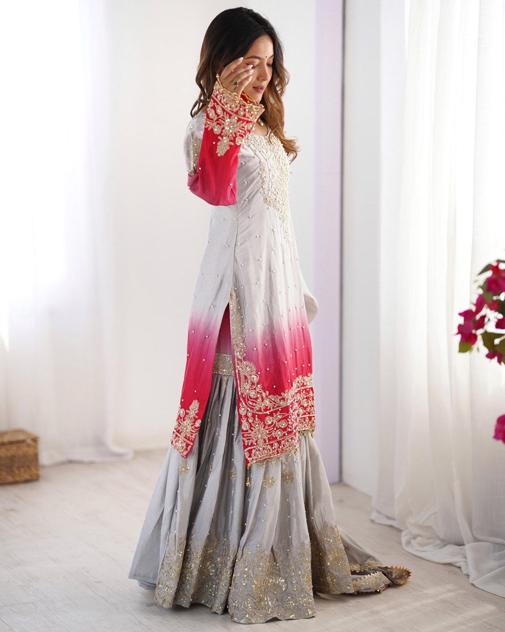 Dusty Pink Color Wedding Wear Chinon Silk Plazzo Dress