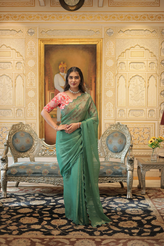 Gold Coin Fabric Saree with Arko Cut Work Border & Designer Blouse