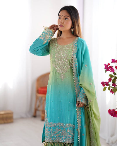 GREEN WITH SKY COLOR WEDDING WEAR CHINON SILK PLAZZO DRESS