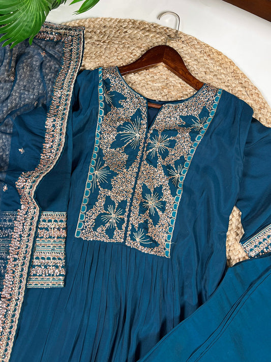 Teal Vichitra Silk Handwork Suit with Organza Sequins Dupatta
