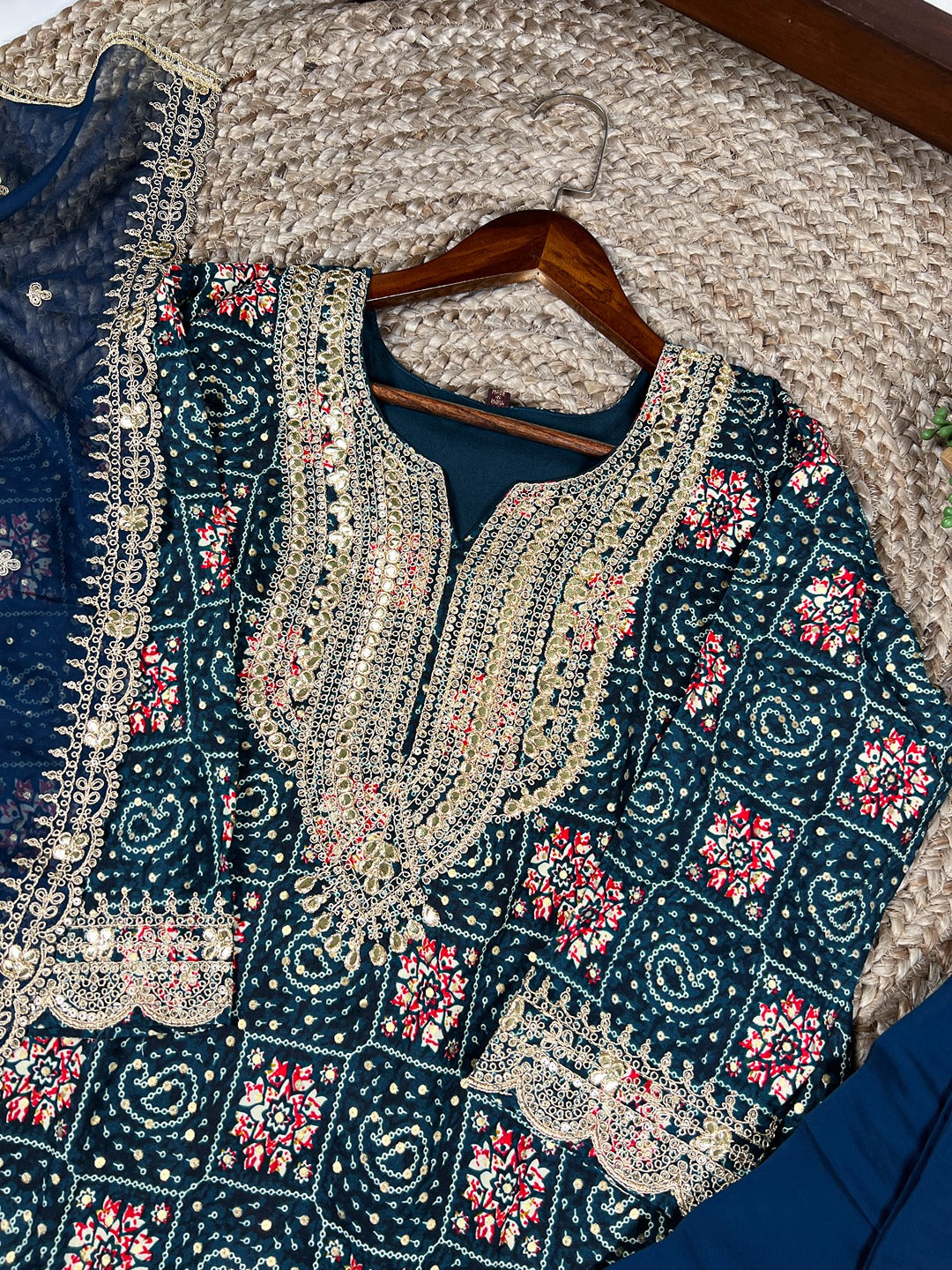 Teal Rayon Embroidered Salwar Suit with Organza Dupatta – Sequins & Thread Work