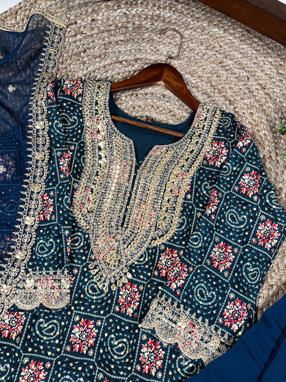 Teal Rayon Embroidered Salwar Suit with Organza Dupatta – Sequins & Thread Work