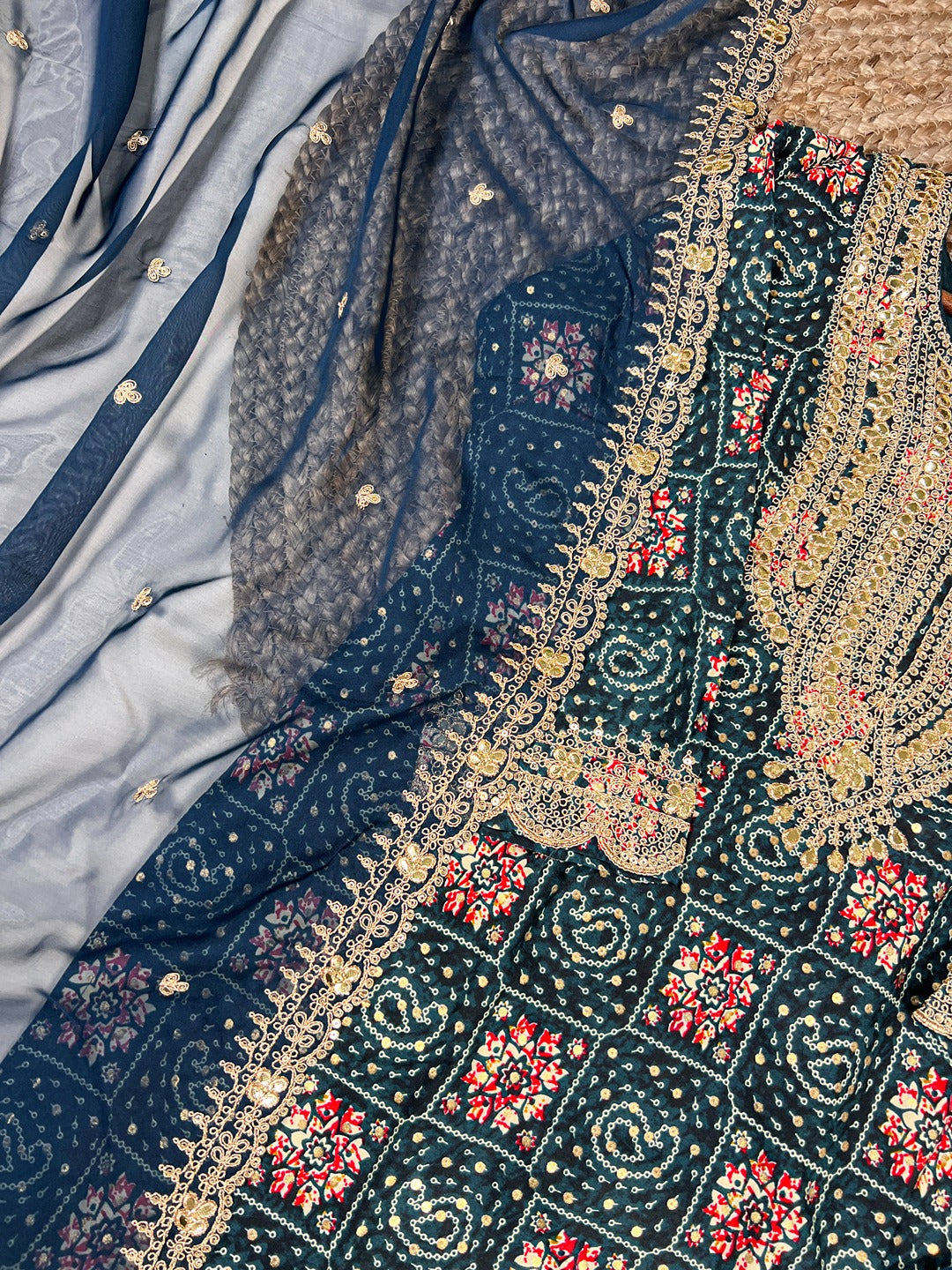 Teal Rayon Embroidered Salwar Suit with Organza Dupatta – Sequins & Thread Work